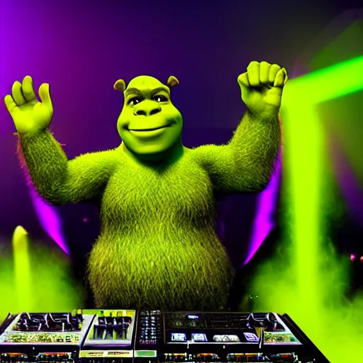 Prompt: promotional image of Shrek DJing a giant EDM festival, fog and special effects, movie still, promotional image, imax 70 mm footage