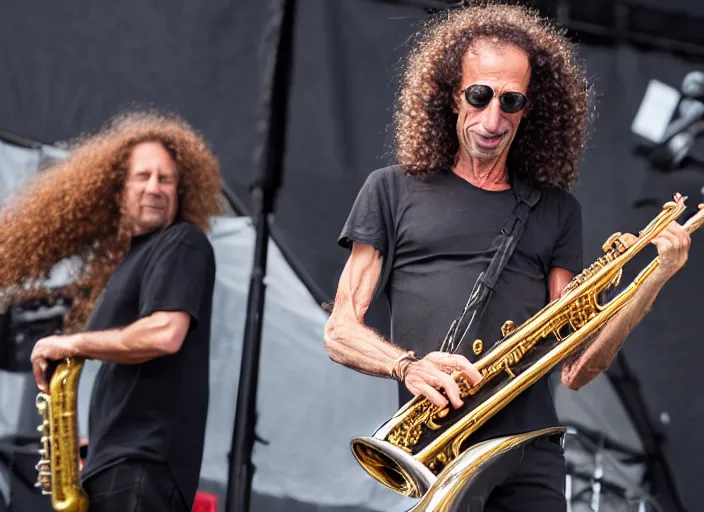 Image similar to photo still of kenny g on stage at vans warped tour!!!!!!!! at age 4 8 years old 4 8 years of age!!!!!!! playing saxophone, 8 k, 8 5 mm f 1. 8, studio lighting, rim light, right side key light