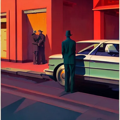 Image similar to LA noir detectives on crime scene, very coherent, painted by Edward Hopper, Wayne Barlowe, painted by James Gilleard, airbrush, art by JamesJean