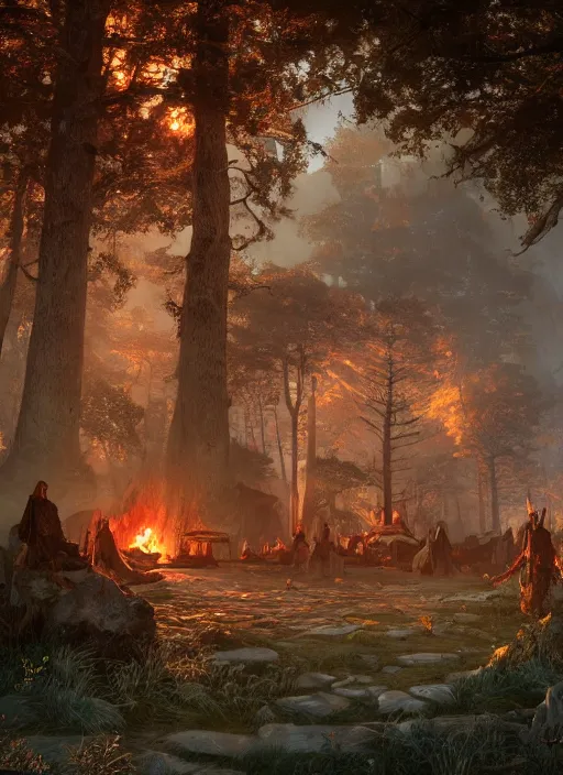 Image similar to camp in the woords, ultra detailed fantasy, elden ring, realistic, dnd, rpg, lotr game design fanart by concept art, behance hd, artstation, deviantart, global illumination radiating a glowing aura global illumination ray tracing hdr render in unreal engine 5