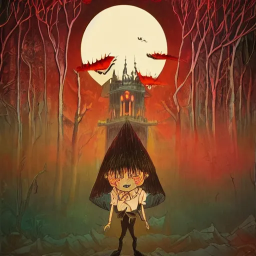 Image similar to Vampire traveling through a beautiful psychedelic world, horror, illustrated by Hayao Miyazaki, trending on artstation