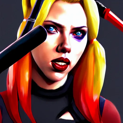 Prompt: Scarlett Johansson as Harley Quinn, holding bat, digital, artstation