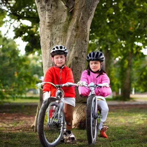 Prompt: two kids sitting in a tree branch, with a bicicle near the tree