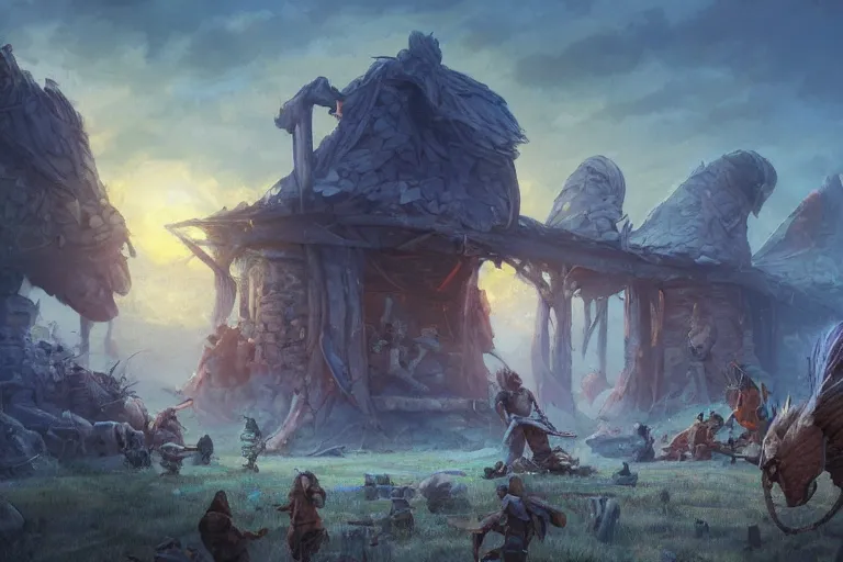 Image similar to allies who long spoke in one voice now squabble over petty differences. merchants seize farmland to build their roads ; farmers uproot sacred groves to plant their crops. sunset lighting ominous shadows, cinematic fantasy painting, dungeons and dragons, jessica rossier and brian froud