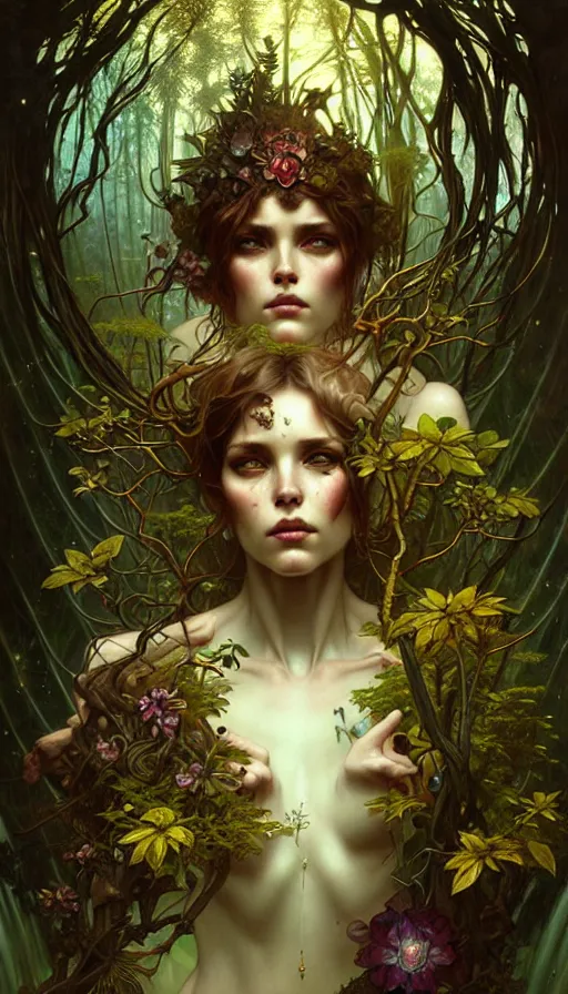 Prompt: consciousness concept art, lush forest, magic, gnarly details, gold, gems, dramatic lighting, denoised, painted by tom bagshaw, alphonse mucha