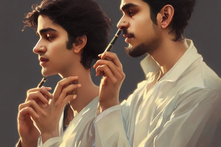 Image similar to Anxious good looking pale young Indian doctors smoking, portrait, elegant, intricate, digital painting, artstation, concept art, smooth, sharp focus, illustration, art by artgerm and greg rutkowski and alphonse mucha