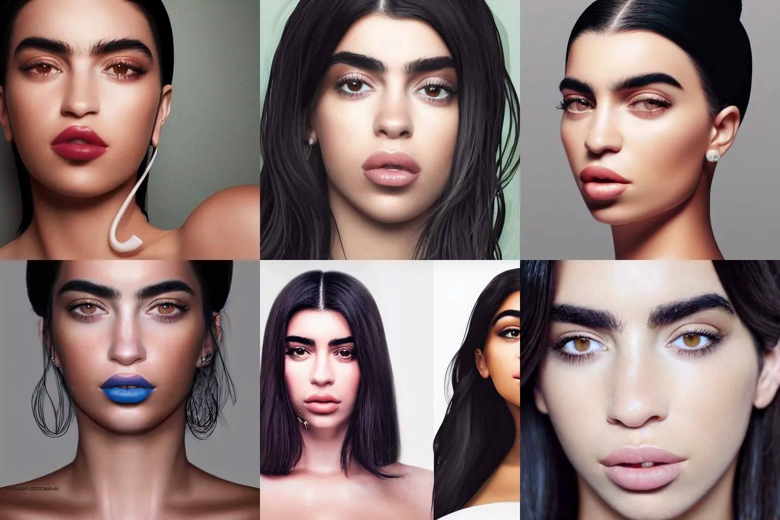 Prompt: stunning portrait of a woman that looks like a mix of Dua Lipa and Kylie Jenner, no distorsion, realistic