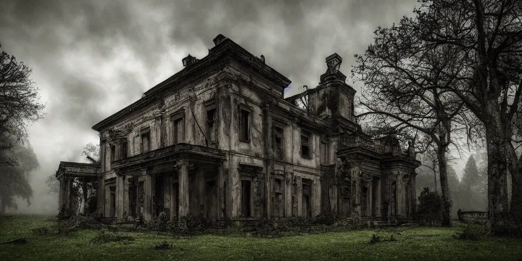 Image similar to a haunted old villa in the middle of an ancient forest, ominous Sky, gloomy atmosphere, cinematic, mist, High definition, 8k, ultra detailed