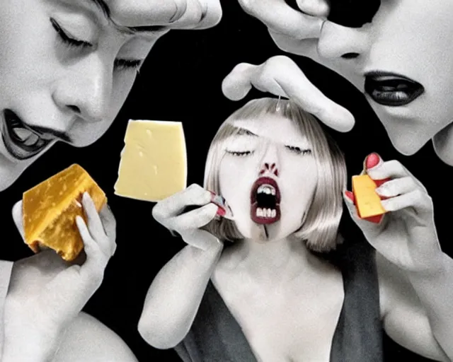 Image similar to incredible strange absurd closeup artwork of androids tasting cheese, finding it very weird but yet tasteful at the same time, weird tasting ritual of cheese products in the style of tim walker fashion photography