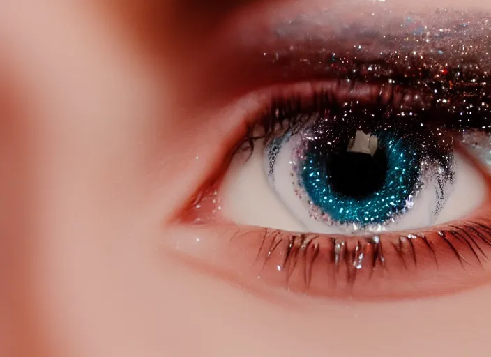 Image similar to high - end cosmetic photography of close up of eyes with sprinkles mascara