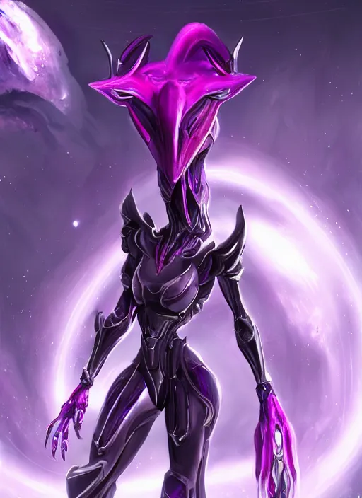 Image similar to cinematic close shot, galactic sized goddess, proportional stunning beautiful hot female warframe, sleek mecha female dragon head, metal ears, led purple eyes, smooth fuschia skin, sleek silver armor, floating in space, holding a galaxy, epic proportions, epic size, epic scale, furry art, dragon art, giantess art, warframe fanart, furaffinity, octane