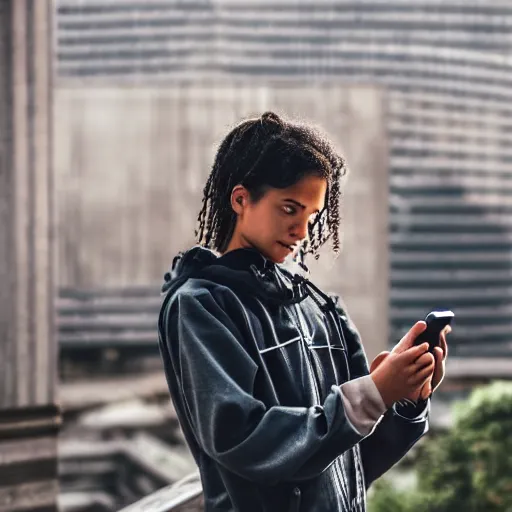 Image similar to candid photographic portrait of a poor techwear mixed young woman using a phone inside a dystopian city, closeup, beautiful garden terraces in the background, sigma 85mm f/1.4, 4k, depth of field, high resolution, 4k, 8k, hd, full color