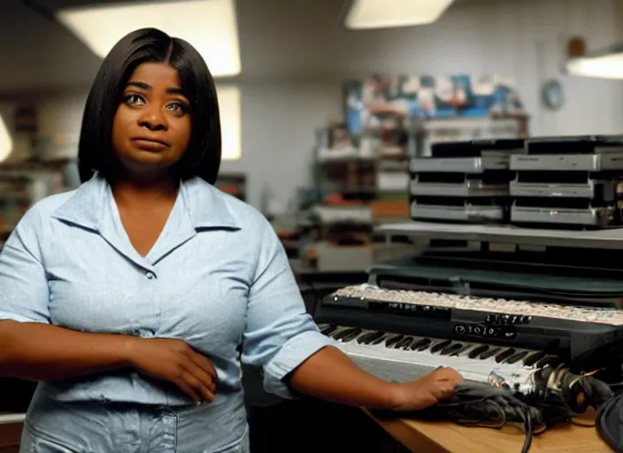 Image similar to cinematic shot of octavia spencer in an small used electronics store hands on an old electronic keyboard, iconic scene from the paranoid thriller sci fi film directed by pt anderson, anamorphic lens, beautiful composition, moody dark overhead lighting, color theory, leading lines, photorealistic, volumetric lighting, kodak film stock, hyper detailed 4 k image,