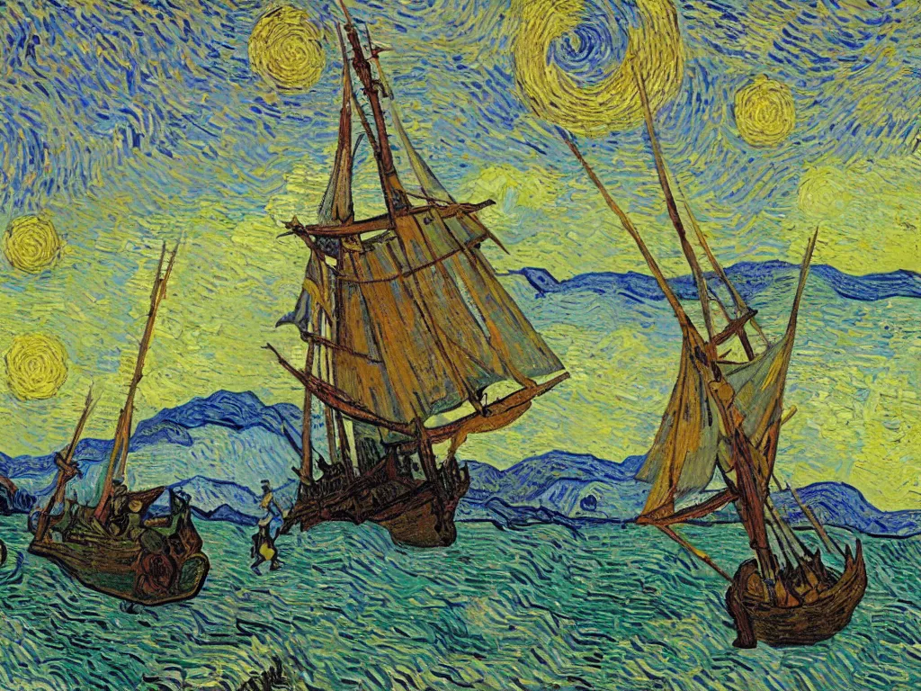 Prompt: bright beautiful oil painting of a viking longship beached on a tropical desert island, light scatter, van gogh