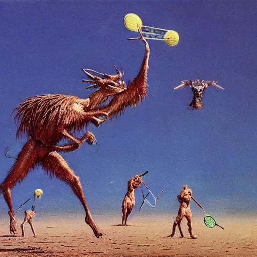 Prompt: anthromorphic animals playing badminton by Bruce Pennington