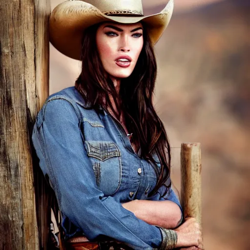 Image similar to megan fox as cowboy in western town, her face flushing and sweat, focus on head, professional photography