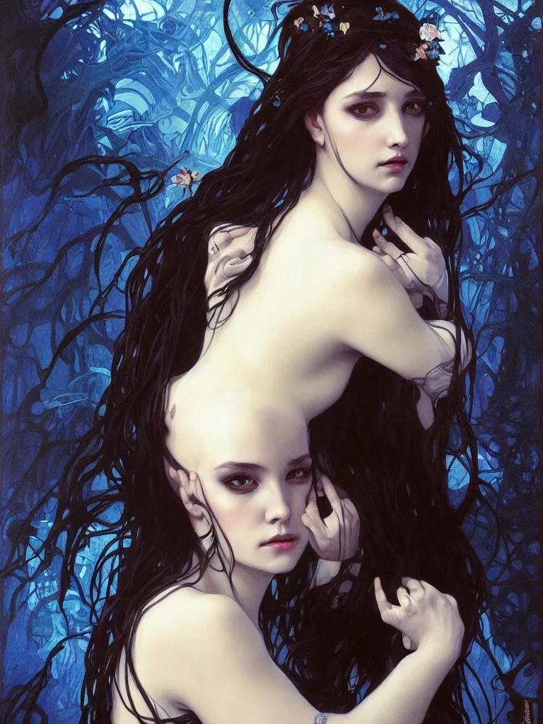 Prompt: detailed painting of sad bride in scary black standing in the river, gloomy, cobalt blue gemstones floating in the river, art by artgerm and greg rutkowski and alphonse mucha