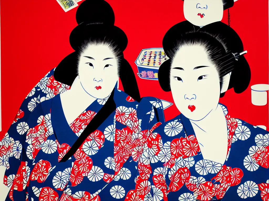 Image similar to hyperrealism composition of the detailed woman in a japanese kimono sitting at a poker table with darth vader, fireworks on the background, pop - art style, jacky tsai style, andy warhol style, ukiyo e, acrylic on canvas