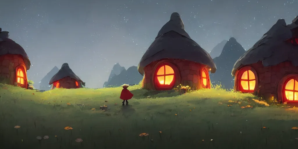 Prompt: small hobbit mushroom houses, red, by cory loftis & akihiko yoshida & james gilleard & atey ghailan & makoto shinkai & goro fujita & studio ghibli, rim light, exquisite lighting, clear focus, magic atmosphere, lights, night, very coherent, plain background, soft painting, photorealistic, unreal engine 5, 4 k