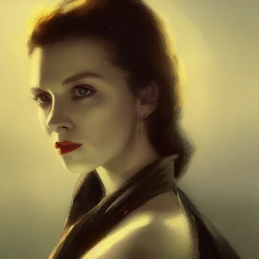 Image similar to closeup portrait of a young vivian leigh, dramatic lighting, city background, night, moon, chiaroscuro, complementary contrast, high detail, painted by greg rutkowski, painted by igor kieryluk, painted by bobby chiu, trending on artstation