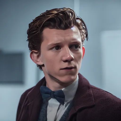 Image similar to tom holland as a rough dirty old man with a scruffy beard in a dark blue trenchcoat as the new doctor who, cinematic, volumetric lighting, f 8 aperture, cinematic eastman 5 3 8 4 film, photorealistic