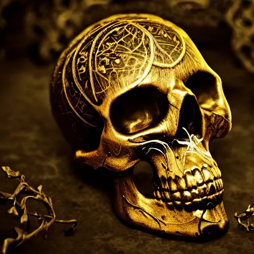 Image similar to chiaroscuro Baroque Still life photo of golden skull etched with detailed and intricate ancient runes, overtaken by plant ivy filigree, lit by a single god ray of shining light.