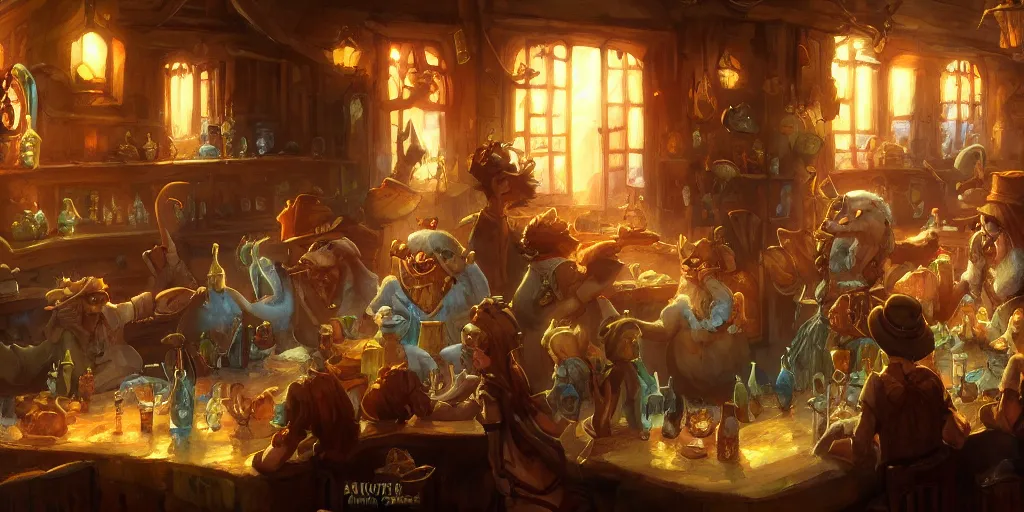 Prompt: tavern scene, cinematic, Victorian, by Tony Sart and Anato Finnstark, illustration, concept art, award winning on Artstation, deviantart