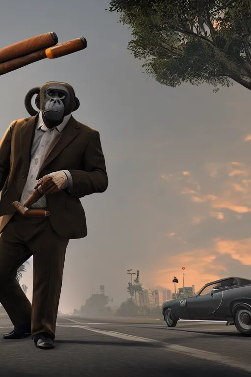 Prompt: an ape wearing full suit and holding a machine gun on his shoulder, wearing sunglasses and smoking a big cigar, 8k hyper realistic, sunset, gta v street style, 1980 cars, smokes and fog with cinematic lighting and volumetric rays