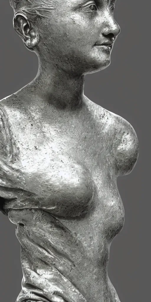 Prompt: detailed photo of old silver patina statue of most famous woman, full body portrait, various bending poses, photorealism, intricate detail, museum diffuse lighting