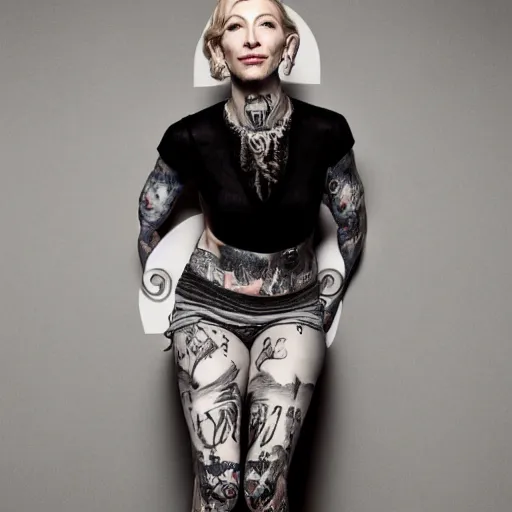 Image similar to full body tattooed cate blanchett, nose ring, 4k