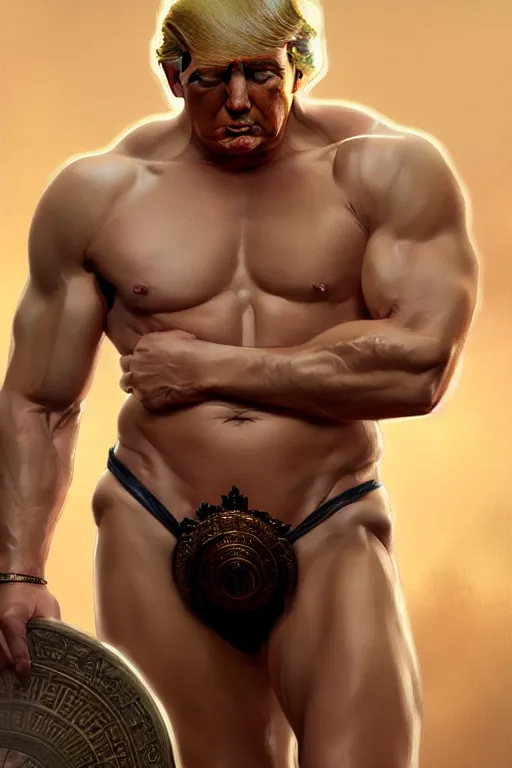 Image similar to Donald Trump as a Greek god, gorgeous, amazing, muscular, fit, very muscular male body, intricate, highly detailed, digital painting, artstation, concept art, sharp focus, illustration, art by greg rutkowski and alphonse mucha