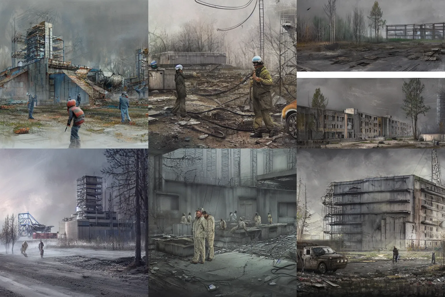 Prompt: liquidators in chernobyl, concept art by Huyang, highly detailed, ultra detailed, ultra realistic, trending on artstation