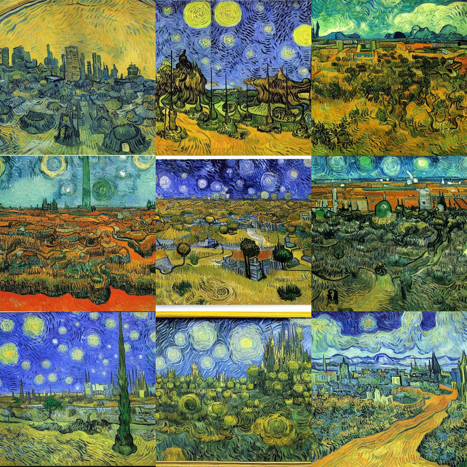 Prompt: futuristic landscape of a lush city, by Van Gogh