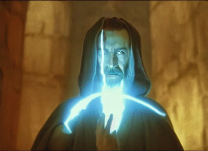 Prompt: screenshot of the force ghost glowing blue spirit of qui gon jinn speaking to Luke skywalker, in a hazy lit ancient Jedi cathedral, screenshot from the 1970s star wars thriller directed by stanley kubrick, Photographed with Leica Summilux-M 24 mm lens, ISO 100, f/8, Portra 400, kodak film, anamorphic lenses