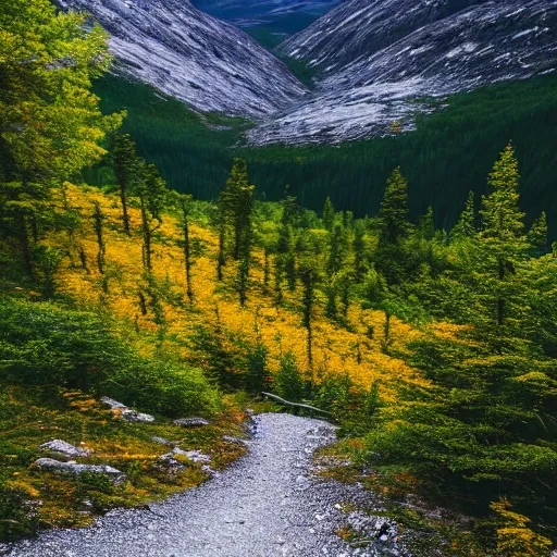 Prompt: walking down a deep norwegian mountain gorge, mountain corridor, norwegian yellow and purple wild flowers, norwegian tall spruce tree forest, mountain lake in distance, beautiful, serene, cinematic, cinematography, landscape photography, realistic, samyang 1 2 mm lens, first person view, 8 k, unreal engine, depth of field,