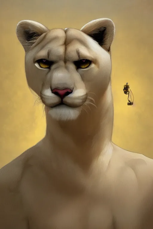 Prompt: Character portrait of a albino furry anthro albino mountain lion with an expressive face wearing a yellow button-down shirt and olive green slacks in the desert wilderness, intricate, elegant, highly detailed, digital painting, artstation, concept art, smooth, sharp focus, illustration, art by Krenz Cushart and Artem Demura and alphonse mucha