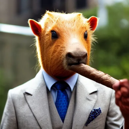 Image similar to smoking cigar, a man wearing a suit capybara head (smoking cigar)