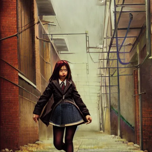 Image similar to a perfect, realistic professional oil painting of a Japanese schoolgirl posing in a dystopian alleyway, style of Marvel, full length, by a professional American senior artist on ArtStation, a high-quality hollywood-style concept