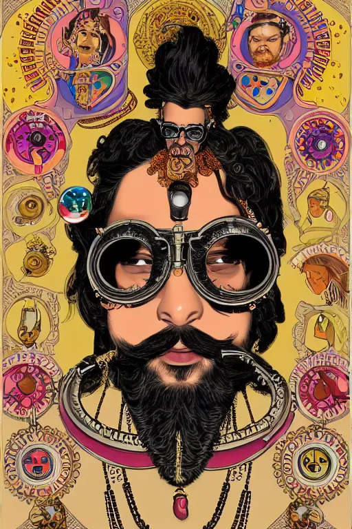 Image similar to face portrait of a rajasthani man with long neon moustache and beard and rajasthani pagdi wearing steampunk goggles and jewelry having lots of tattoos and earrings, art by butcher billy and mucha, sticker, colorful, illustration, highly detailed, simple, smooth and clean vector curves, no jagged lines, vector art, smooth