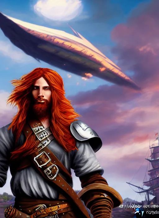 Image similar to An epic fantasy comic book style portrait painting of a long haired, red headed male sky-pirate in front of an airship in the style of the wheel of time, unreal 5, DAZ, hyperrealistic, octane render, cosplay, RPG portrait, dynamic lighting