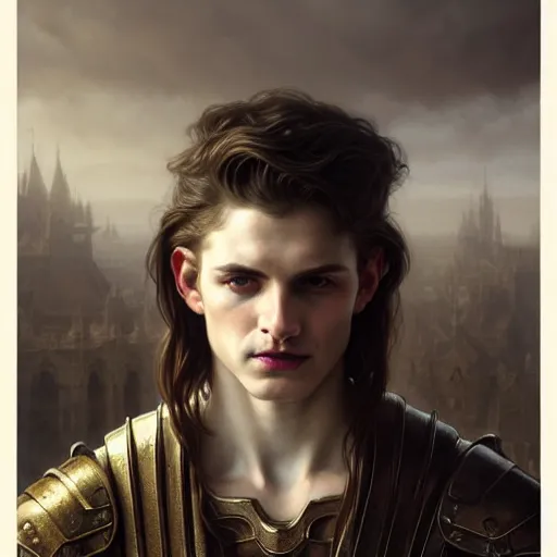 Image similar to portrait painting of a pale serious young man with a soft face and medium brown hair wearing armor, ultra realistic, concept art, intricate details, eerie, highly detailed, pursed lips, melancholy expression, photorealistic, octane render, 8 k, unreal engine. art by artgerm and greg rutkowski and charlie bowater and magali villeneuve and alphonse mucha