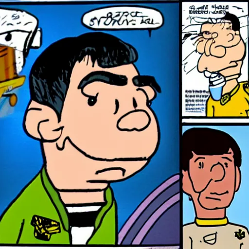 Image similar to chris kattan as spock on board uss enterprise in the style of charles schulz, star trek, peanuts, comic, cartoon, smooth lines