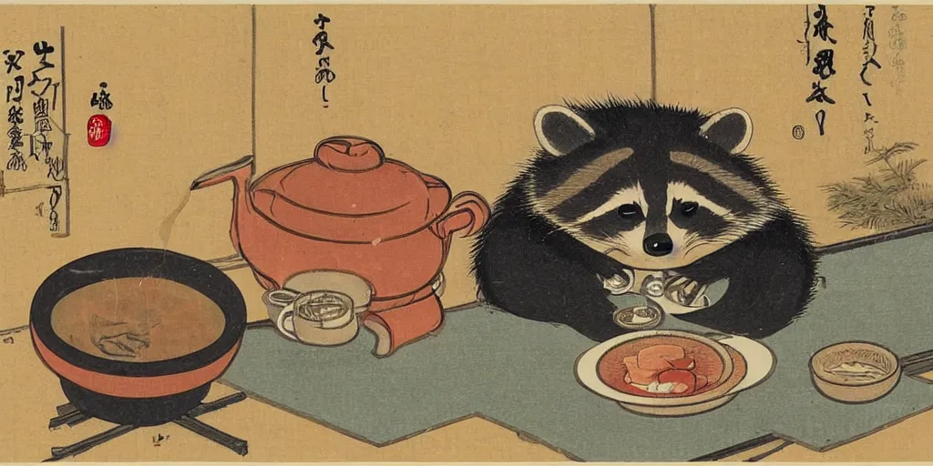 Image similar to little raccoon sitting by a cozy fireplace with a cup of tea. warm color temperature. ukiyo - e,