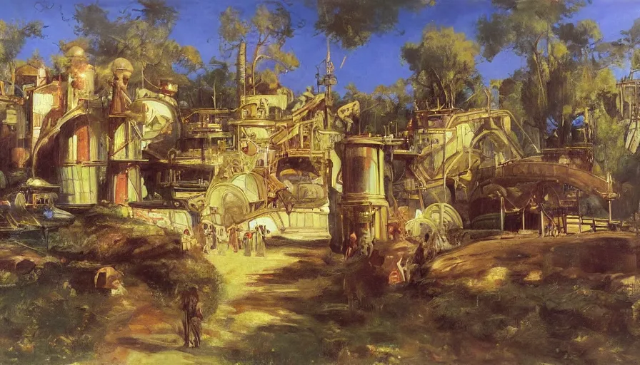 Prompt: artwork painting of willy wonka's chocolate factory by eugene von guerard, ivan shishkin, john singer sargent