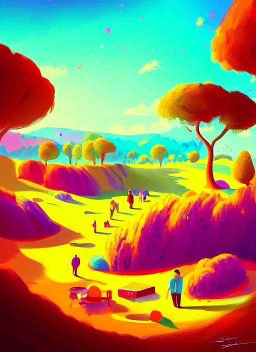 Prompt: painting of a colorful landscape full of friends, digital painting, artstation, concept art, hd, illustration, art by tokenin, trending on instagram