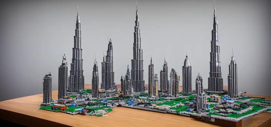 Image similar to detailed lego build of burj khalifa, dubai on basement table, professional photo, professional lighting, HDR