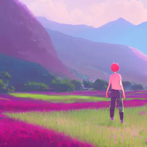 Prompt: pink haired teen boy, flower fields and mountains in the background, digital painting, artstation, highly detailed, by makoto shinkai and thomas kindle and James gilleard