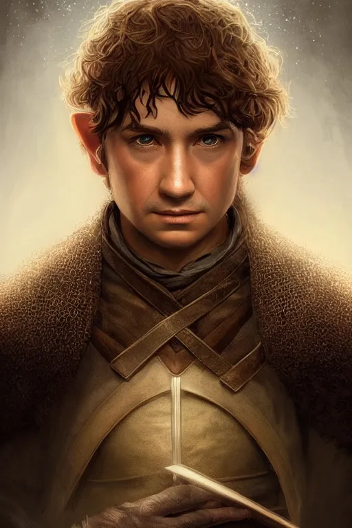Prompt: A beautiful digital painting of a male hobbit ranger, symmetrical close-up portrait, intricate, cinematic lighting, highly detailed, digital painting, Artstation, concept art, smooth, sharp focus, illustration, art by Tom Bagshaw, Artgerm and Greg Rutkowski