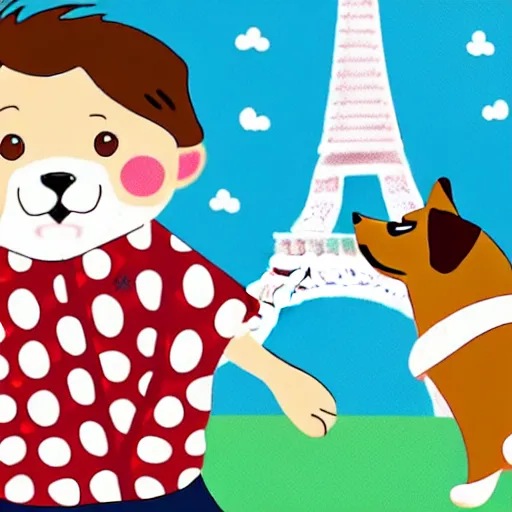 Image similar to illustration of french boy playing football with a corgi wearing a polkadot scarf in front of the eiffel tower