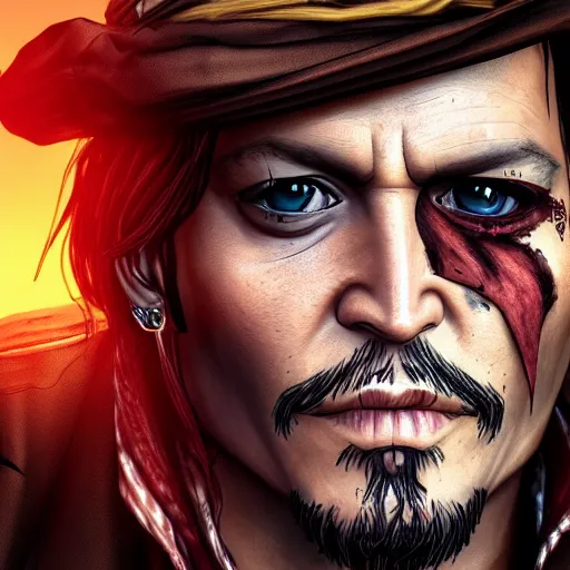 Prompt: johnny depp portrait, borderlands, tales from the borderlands, the wolf among us, comic, cinematic lighting, studio quality, 8 k